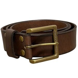 Eddie Bauer Dark Brown Genuine Leather Belt Embossed Logo Brass Buckle Size 40